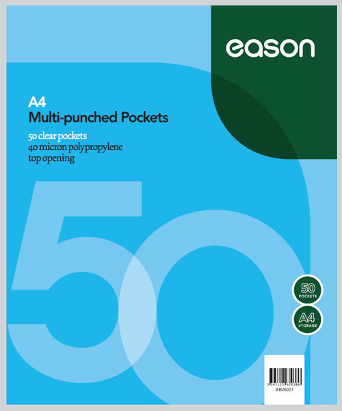 EASON A4 50 PUNCHED POCKETS 40 MICRON CLEAR TOP OPENING
