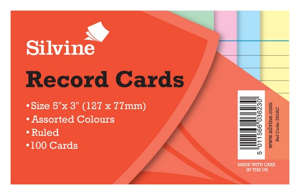 Record Cards 5X3 100 Coloured