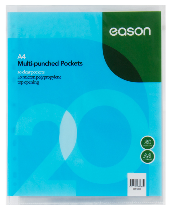 EASON A4 20 PUNCHED POCKETS 40 MICRON CLEAR TOP OPENING