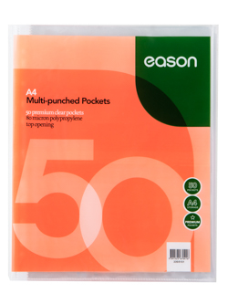 EASON A4 50 PREMIUM PUNCHED POCKETS 80 MICRON CLEAR